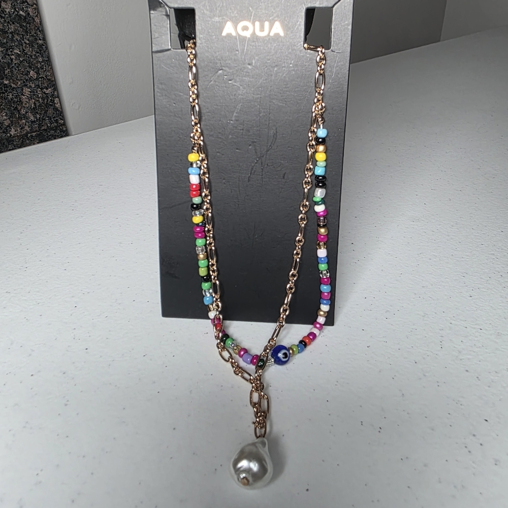 🚫⚠️SOLD🚫⚠️ Aqua Multicolor Beaded Necklace with Pearl Accent - Picture 2 of 3